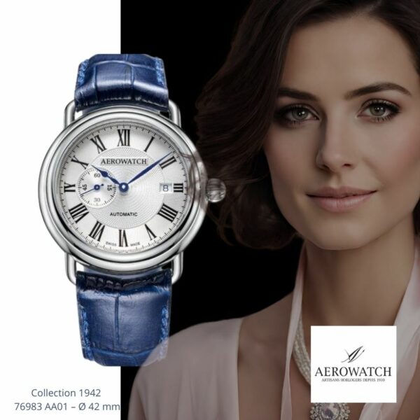 Montre Aerowatch 1942, bracelet cuir bleu
